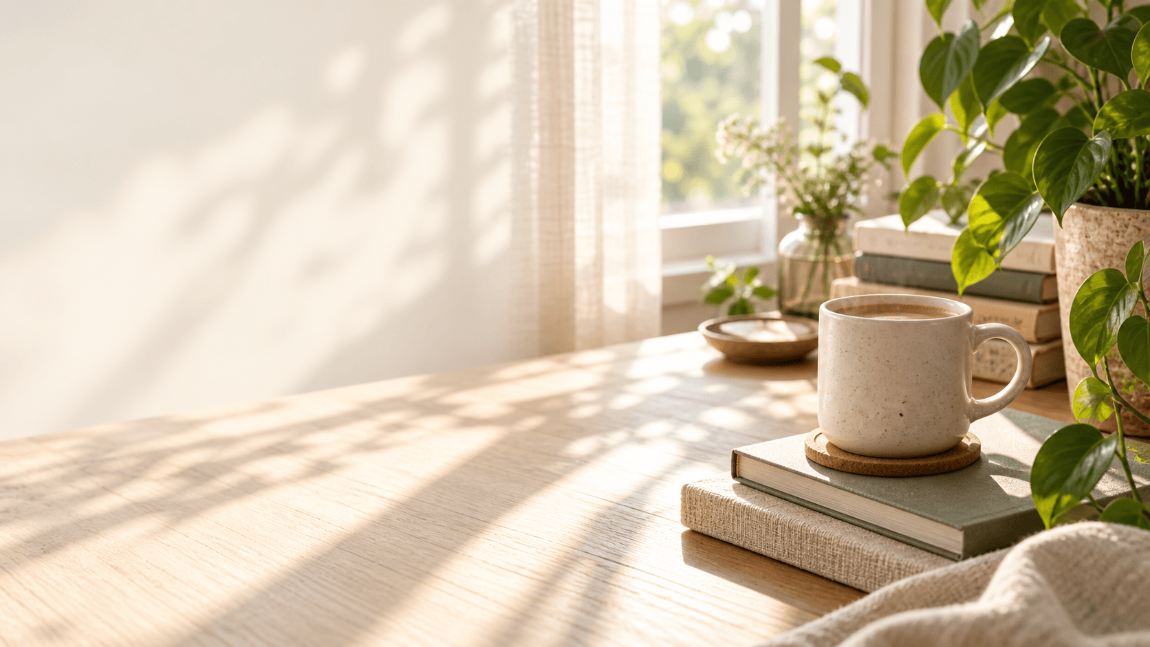 A warm FazCoded desk with books, a ceramic mug and greenery